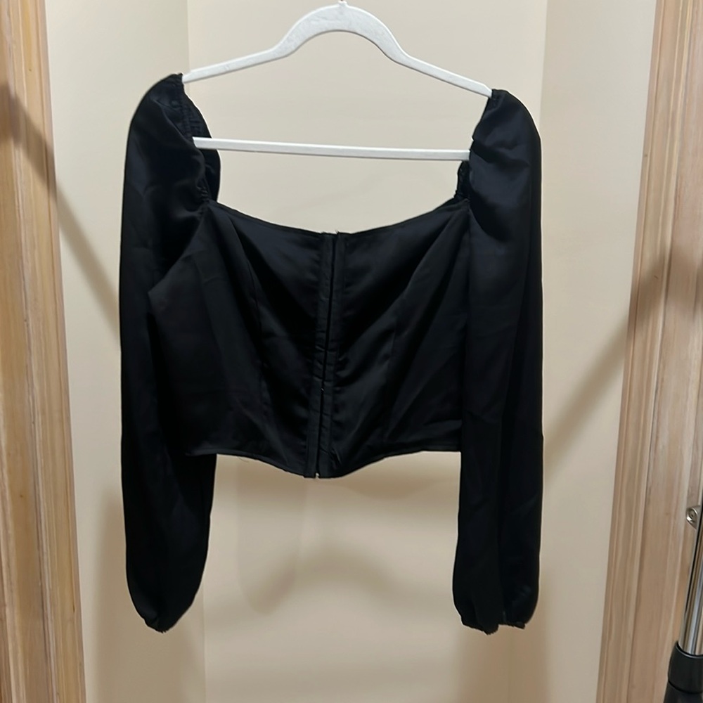 Black Faux Satin Faux Corset Crop Top